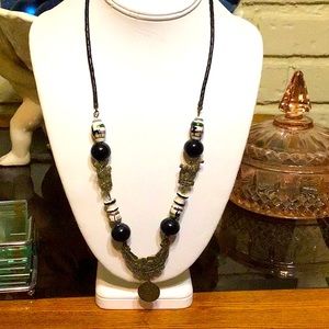 Black Leather and Brass Necklace